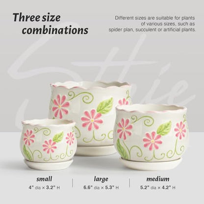 Pink Ceramic Flower Pots, 4+5.2+6.6 Inch Small Plant Pots for Indoor Plant - color: White99-hp