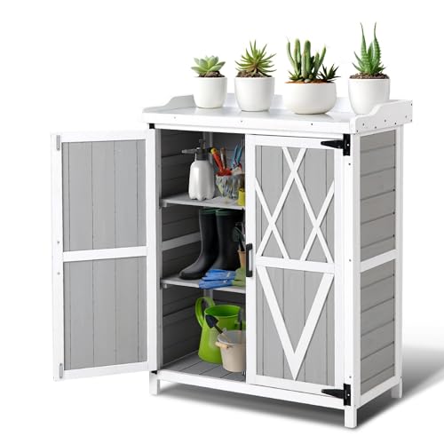 Outdoor Wooden Storage Cabinet with Metal Tabletop, Garden Potting Bench Table with Adjustable Shelf, Weather-Resistant Patio Cabinet for Garden, Lawn, and Backyard