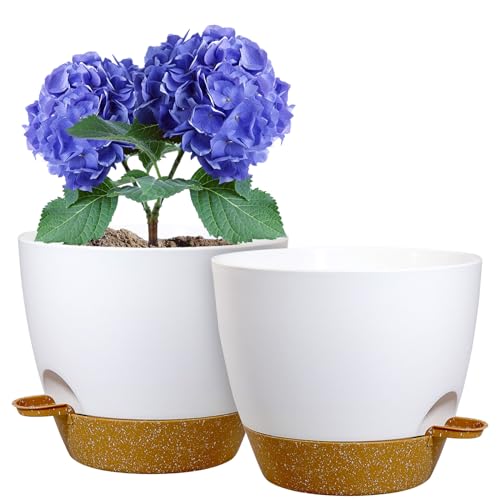 WSMKSZ 10 inch Self Watering Pots, 2 Pack Plastic Planters with Mesh Drainage Holes for Garden Plants, Plants Pots with Deep Reservoir for Indoor Outdoor Plants, White with Brown - color: White With Brown, size: 10inch 2pcs