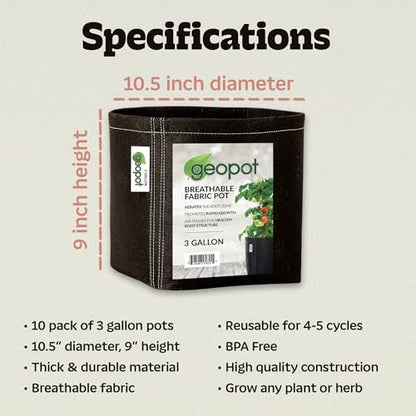 GeoPot 3 Gallon Fabric Grow Bags - 10 Pack - Black - Indoor/Outdoor - Aerated Fabric Pots for Vegetables, Herbs, Flowers & Houseplants - size: 3 Gallon (10-Pack), style: No Handles