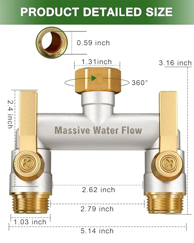 Hose Splitter 2 Way Heavy Duty, Full Flow Solid Brass Nickel Plated Garden Hose Splitter, Spigot Splitter Valve with Metal Handle, Outdoor Faucet Splitter, 3/4 - Inch Frost Resistant Hose Adapter - style: Nickel Plated 2 way