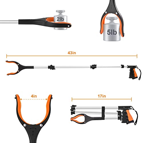 43" Extra Long Grabber Tool, Foldable Grabbers for Elderly Grab It Reaching Tool with Rotating Jaw +Magnets, 4" Wide Claw Opening Reacher Grabber Pickup Tool, Grabber Reacher Tool Heavy Duty - size: 43 Inch