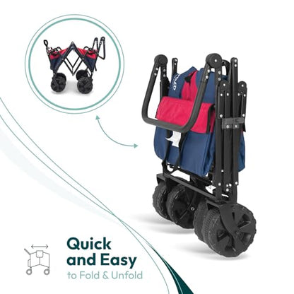 WONDERFOLD S2 Push & Pull Folding Utility Cart with Wide Beach Tires, Adjustable Push Handle, Telescopic Pull Handle with Spring Bounce Technology & Storage Pouch, Navy/Red - color: Navy/Red.