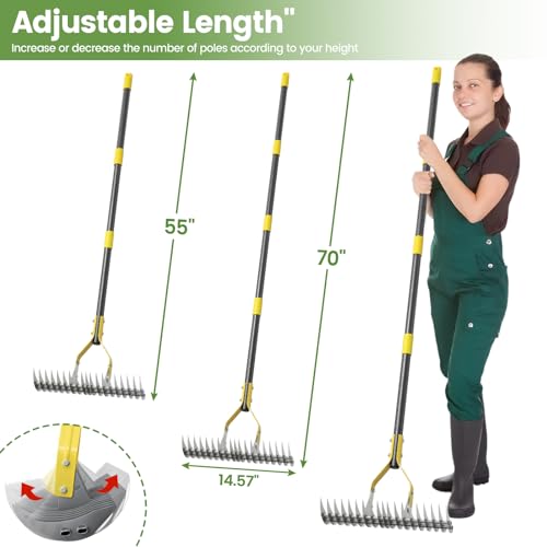 Thatch Rake, 70 inch Heavy Duty Dethatcher Rake Adjustable Dethatching for Loosening Soil Gathering for Leaves Leveling Lawn Farming Land Cleaning Dead Grass Yard Garden