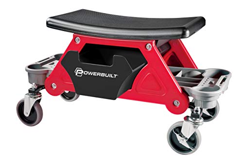 Powerbuilt Heavy Duty Roller Mechanics Seat and Brake Stool with 4-in. Rubber Swivel Casters Roll Over Anything, Big Seating Platform, Slide Out Tool Trays and Drawer 300 lb. Capacity – 240036 - size: 23.25" x 23.25" x 11.12" (Seat: 18" x 14")