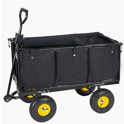 4-in-1 Steel Dump Garden Cart, 880lbs Oversized Pullable Mesh Metal Cart, All-Terrain Utility Cart with Removable Liner, Side Panels & Mesh Tray, Black for Outdoor Lawn Patio Landscaping