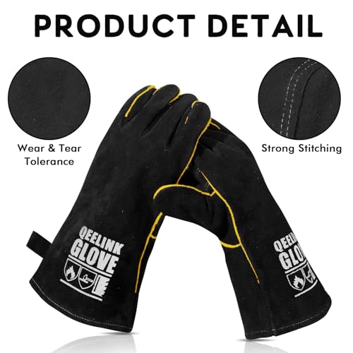 QeeLink Welding Gloves for Men - Fireproof Leather and Stitching - color: Black (16-inch)