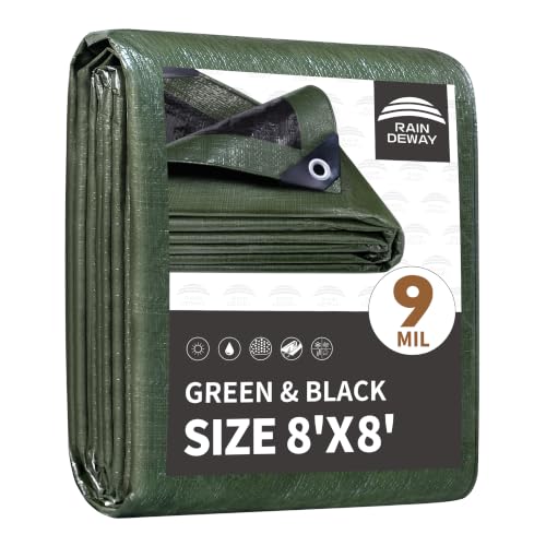 RAINDEWAY 8x8 Feet Tarp Waterproof,9Mil Green/Black Poly Tarps Cover - color: Green/Black, size: 8x8 Feet-Finished size