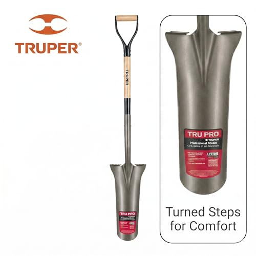 Truper Tru Pro 16-Inch Drain Spade, 32-Inch Premium Ash Wood Handle with D-Grip, Turned Steps, Heavy-Duty Trenching and Drainage Shovel (Model PEP-16-RBA / 31253)