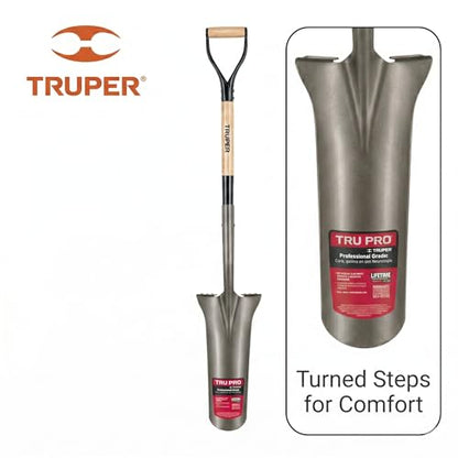 Truper Tru Pro 16-Inch Drain Spade, 32-Inch Premium Ash Wood Handle with D-Grip, Turned Steps, Heavy-Duty Trenching and Drainage Shovel (Model PEP-16-RBA / 31253)