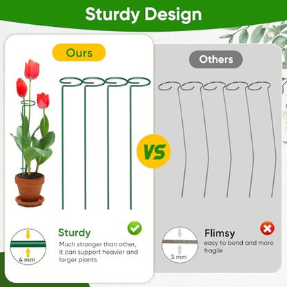 HiGift 17 inch Plant Support Stakes, 4mm Thick Garden Single Stem Flower Support Stake Amaryllis Plant Cage Support Rings with 10 pcs Plant Clips for Tomato Orchid Lily Peony Rose Flower Stem-5 Pack - size: 17 Inch-5 Pack