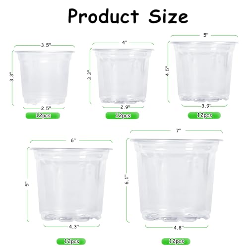 JNYONG 60 Pack 3.5/4/5/6/7 Inch Clear Nursery Pots with Drainage Hole - size: 3.5/4/5/6/7 Inch 60 pack
