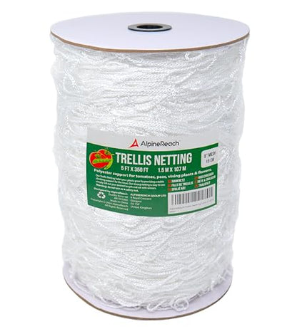 AlpineReach Trellis Netting 5 x 350 ft Heavy Duty Polyester White - 6 Inch Mesh Support Twine for Growing High Yield Tomatoes, Peas, Vine Climbing Plants Fruits Vegetables