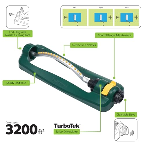 Melnor 65147AMZ Turbo Oscillating Lawn Sprinkler, 3,200 Sq. Ft. Coverage, 16 Precision Nozzles, Adjustable Range Control, QuickConnect Bundle, Green, Yellow - style: 3,200 sq. ft.