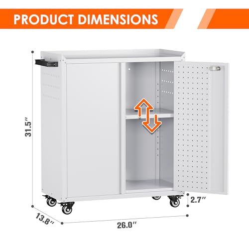 Aobabo Metal Garage Storage Cabinet on Wheels,2 Doors Storage Cabinet with Wheels for Garage,Assembly Required,White - color: White, size: 13.8"D x 26"W x 31.5"H-0 Drawers