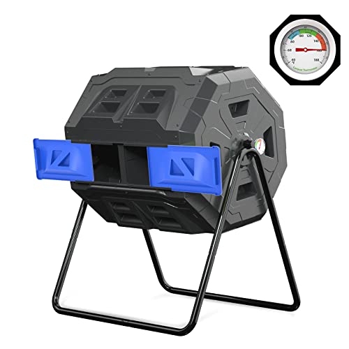 SQUEEZE master Large Compost Tumbler Bin - Outdoor Garden Rotating with Thermometer -Automatic Temperature Measurement-Sturdy Steel Frame - 43Gallon (2-21.5Gal)- Blue Door - color: Blue