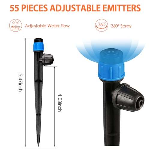 Gardrip 55 Pieces Drip Emitters Fan Shape with Stake for 1/4" Irrigation Tubing: Adjustable 360 Degree Water Flow Irrigation Universal Vortex Sprayer On 5" Stake Drip Pipe Sprinklers Fittings - color: Blue 360 Degree Vortex Emitter-55 Pcs