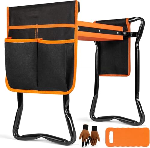 Gardening Bench Kneeler and Seat, Folding Garden Chair, Multifunctional Kneeling Chair, Gardening Gifts for Women, Seniors, 16'' Length, Equipped with Tool Bags On Both Sides (Orange)