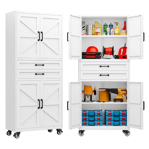 SISESOL Metal Storage Cabinet with Wheels and Drawers,Rolling Garage Storage Cabinet with Doors and Adjustable Shelves,73" Mobile Tall Large Metal Tool Cabinets for Home,Office,Garage（White） - color: White, size: 73"H-B