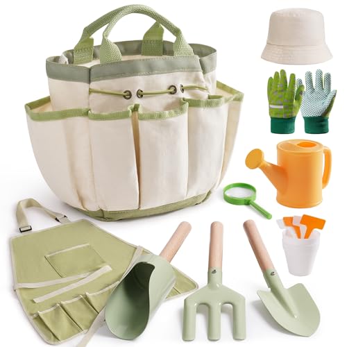 ROBOTIME Kids Gardening Tools, 17 PCS Toddler Gardening Set, Children's Gardening Tools, Metal Kids Gardening Set All in One Kit, Gardening Tools for Kids Outdoor Toys Gift for Boys and Girls - color: Green