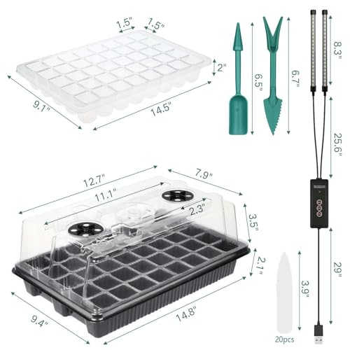 Seed Starter Tray with Grow Light, 2 Packs 80 Cells Seed Starting Kit, Reusable Seedling Starter Trays with Humidity Dome, Plant Germination Trays for Indoor Seed Starter Kit, Black - color: Black