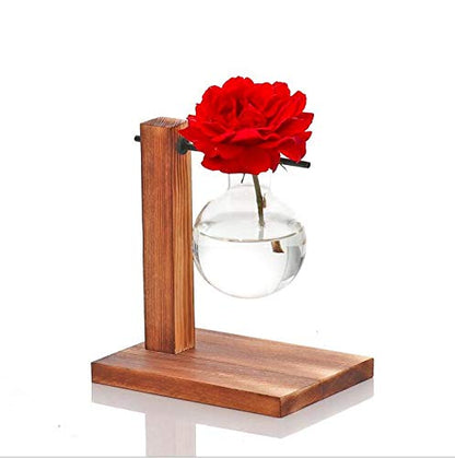 Kingbuy Hydroponic Glass Vase with Retro Wooden Stand - size: B（2 Bulb Vase）