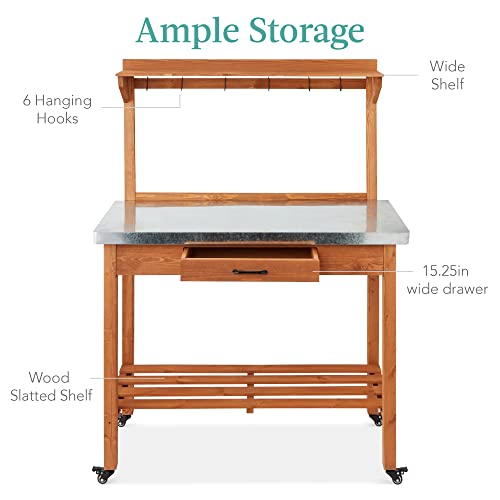Best Choice Products Mobile Outdoor Table and Storage Cabinet w/Grill Accessory Hooks, 4 Locking Wheels, Stainless Steel Top for Patio Kitchen Island or Bar Cart - Medium Stained Brown