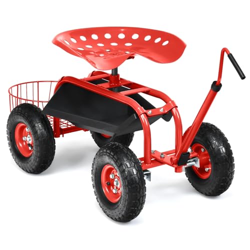 Rolling Garden Seat, Garden Stool with Wheels, Extendable Handle, Storage Basket & Tool Tray, Garden Scooter with 360 Degree Swivel Seat for Outdoor, Garden & Yard (Red) - color: Red