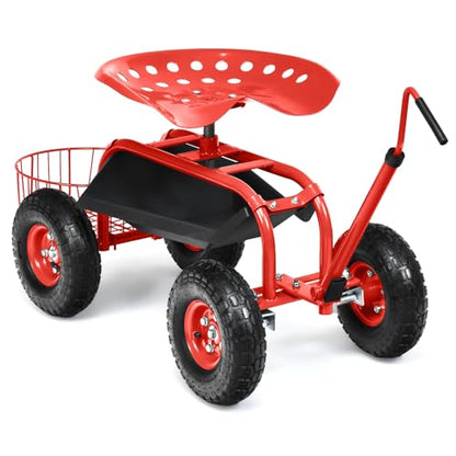 Rolling Garden Seat, Garden Stool with Wheels, Extendable Handle, Storage Basket & Tool Tray, Garden Scooter with 360 Degree Swivel Seat for Outdoor, Garden & Yard (Red) - color: Red