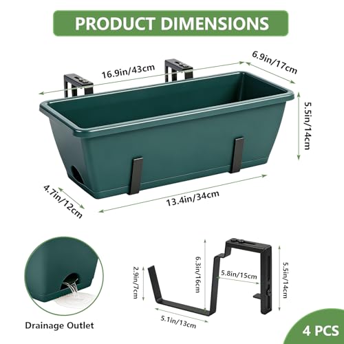 OYEAL Deck Railing Planter Boxes 4 Pack Hanging Planters for Outdoor Plants - color: Green & Black