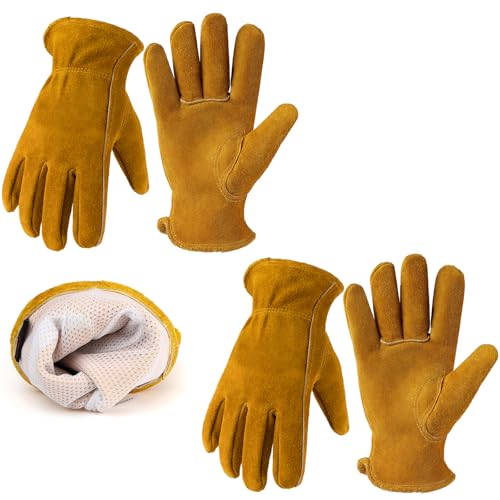 Leather Gardening Gloves for Men Women: Thorn Proof Cowhide Work Gloves - color: Yellow ( Pack of 2 ), size: Medium