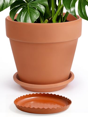 INGOFIN 12 Inch Terracotta Pot with Saucer - Ceramic Clay Pot for Plants with Drainage Hole, Large Terra Cotta Flower Planter with Tray for Indoor Outdoor Plants - size: 12 Inch