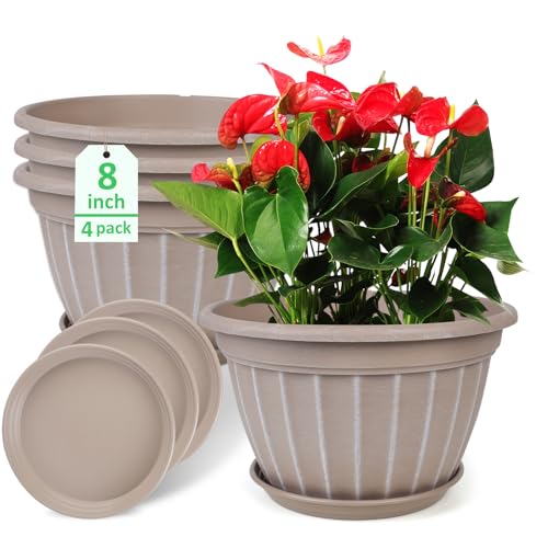 4 Pack Flower Pots,8 Inch Plants Pot,Planters Pot with Drainage Hole - color: Beige, size: 8 inch-4 pack