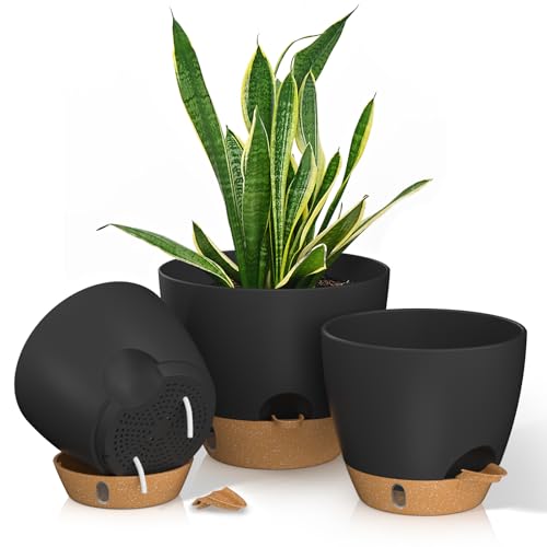 12/10/9 Inch Self Watering Pots for Indoor Outdoor Plants, Set of 3 Large Plastic Planters with Visual Water Window, Drainage Holes & Watering Lip, Modern Decorative Flower Pots (Black) - color: Black, size: 9/10/12 Inch