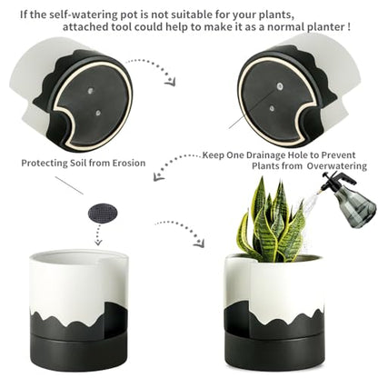 Nihow Self Watering Plant Pot, 8 Inch, White & Wave Black - color: White & Wave Black, size: 8" Self Watering