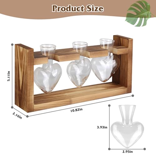 KOCASO Plant Propagation Station, Plant Terrarium with 3 Heart Shaped Vases & Wooden Stand, Desktop Glass Vase for Hydroponic Plants, Home Office Garden Decor Planter Gift for Plant Lovers
