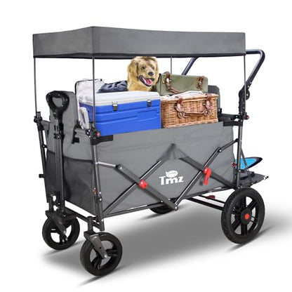TMZ Collapsible Wagon with 2 Foldable Seats, Folding Cart with Removable Canopy, Heavy Duty Wagon 265LBS Load Capacity for Camping Garden Shopping (Grey) - color: Gray