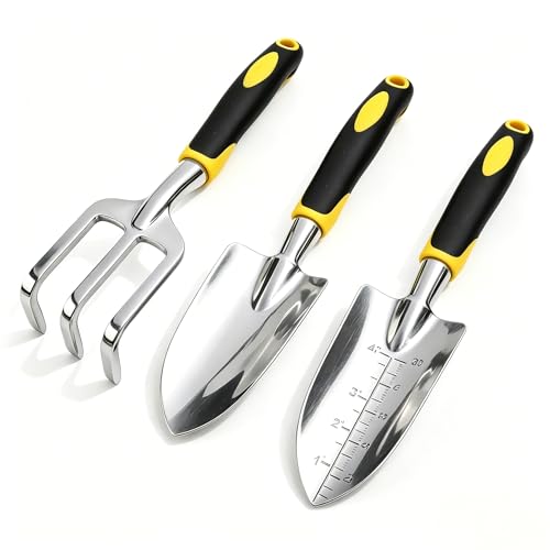 Stainless Steel Garden Tool Set，3 Pieces, Including Hand Shovel & Transplant Shovel & Hand Rake with Non-Slip Soft Ergonomic Handle (Yellow) - color: yellow