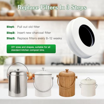 10 Pack Activated Charcoal Filters for Compost Pail, Countertop Kitchen Bin Refills, 6.7 Inch