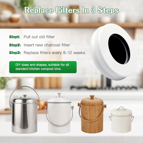 Charcoal Filters for Kitchen Compost Bin, 10 Pack Compost Filters for Countertop Bin Pail Replacement, Activated Charcoal Home Bucket Refill Sets, Round 6.7 Inch