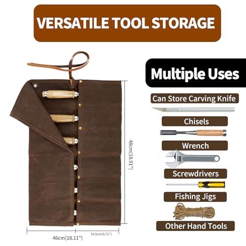 Chisel Roll, 6 Pockets Roll Up Tool Pouch, Canvas Small Tool Roll Organizer - color: Brown