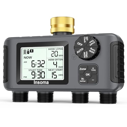 Insoma 4 Zones Sprinkler Timer with Brass Inlet, Water Timer for Garden Hose with Auto/Manual/Rain Delay Mode, Hose Timers for Irrigation Watering System for Yard, Lawn, Plant Watering