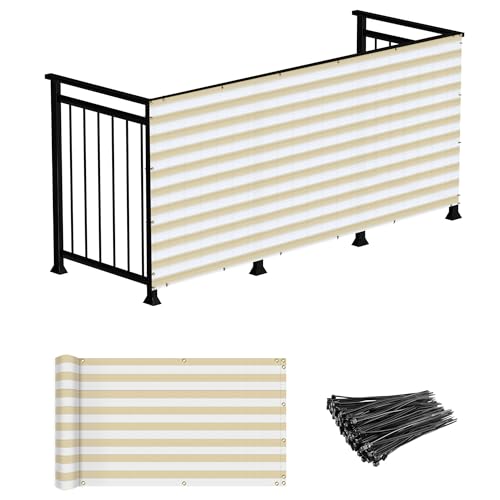 Windscreen4less 3'x13' Deck Balcony Privacy Screen Fence Apartment Balcony Mesh Screen with Zip Ties Chain Link Fence Cover UV Protection for Outdoor Patio Backyard Pool Porch Railing, Beige & White