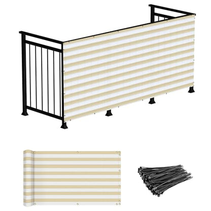 Windscreen4less 3'x13' Deck Balcony Privacy Screen Fence Apartment Balcony Mesh Screen with Zip Ties Chain Link Fence Cover UV Protection for Outdoor Patio Backyard Pool Porch Railing, Beige & White