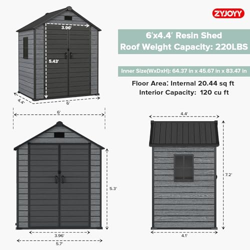 ZYJOYY Outdoor Storage Shed 6x4.4 FT with Floor, 16mm Resin Tool Shed for Backyard, Garden, Waterproof Lockable Storage House with Window & Vents for Patio Furniture, Bikes, Lawn Equipment, Dark Grey - color: Dark Grey