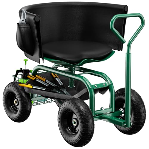 Baotree Garden Seat with Wheels, Rolling Garden Stool with Adjustable 360°Swivel Seat, Storage Basket & Extendable Handle, Outdoor Gardening Scooter, Garden Cart Workseat Stools for Seniors - color: Green