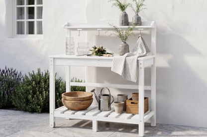 All-Weather HDPE Outdoor Potting Bench 2-Piece Set with Removable Sink, Expandable Gardening Work Station with Sliding Tabletop, Built-in Wheels, Heavy Duty Planting Table, White