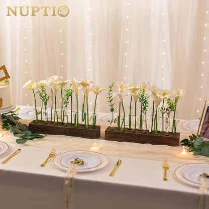 NUPTIO Vase Wedding Centerpiece, 15" Long Wood Base and 12 Pcs Test Tube