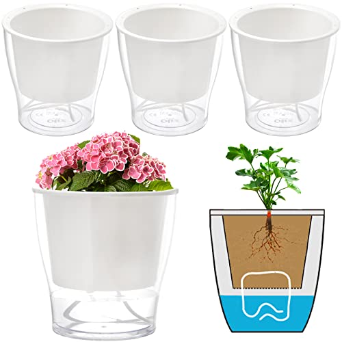ZOOFOX 4 Pack Self Watering Pots for Indoor Plants, 7 Inch Large Clear Plastic Automatic-Watering Plant Pot, Modern Decorative Pot for Indoor Plants, Flowers, Herb, Aloe, Orchid, African Violets