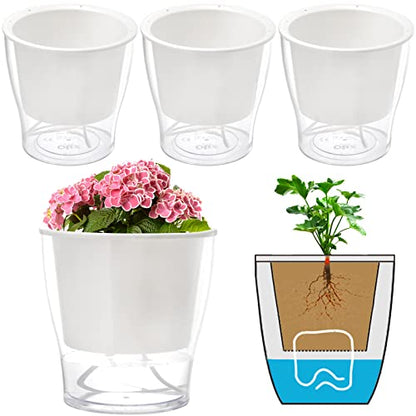ZOOFOX 4 Pack Self Watering Pots for Indoor Plants, 7 Inch Large Clear Plastic Automatic-Watering Plant Pot, Modern Decorative Pot for Indoor Plants, Flowers, Herb, Aloe, Orchid, African Violets